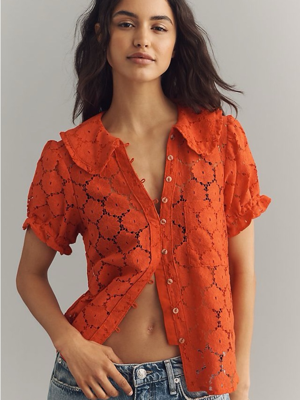 Pilcro Kierra Orange Eyelet Short-Sleeve Button-Front Top